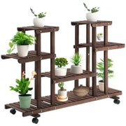 Scaffale Portafiori a 4 Livelli, Fioriera da Esterno e Interno in Legno con 4 Ruote, 123.5 x 33 x 80cm