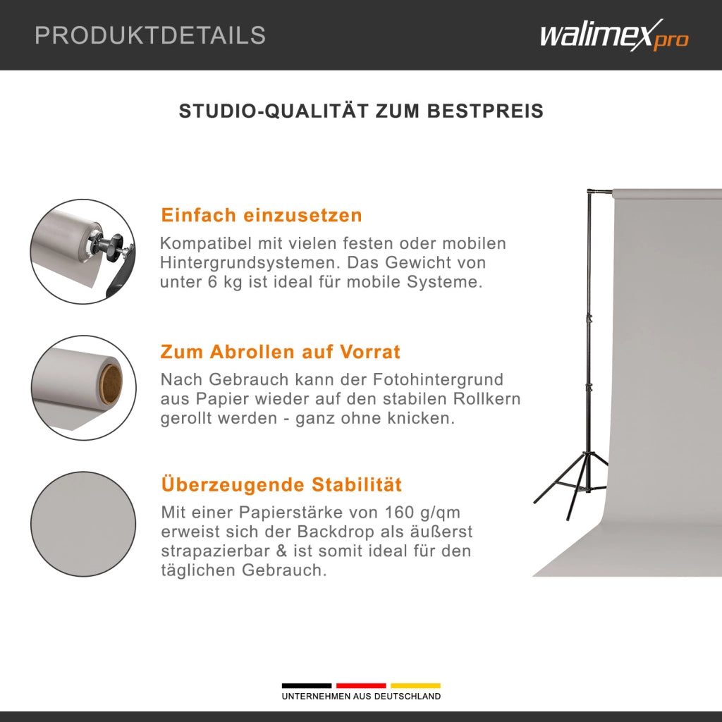 Sfondo fotografico in cartoncino grigio chiaro 2,60x10 m, Backdrop foto antiriflesso e resistente, per studi fotografici