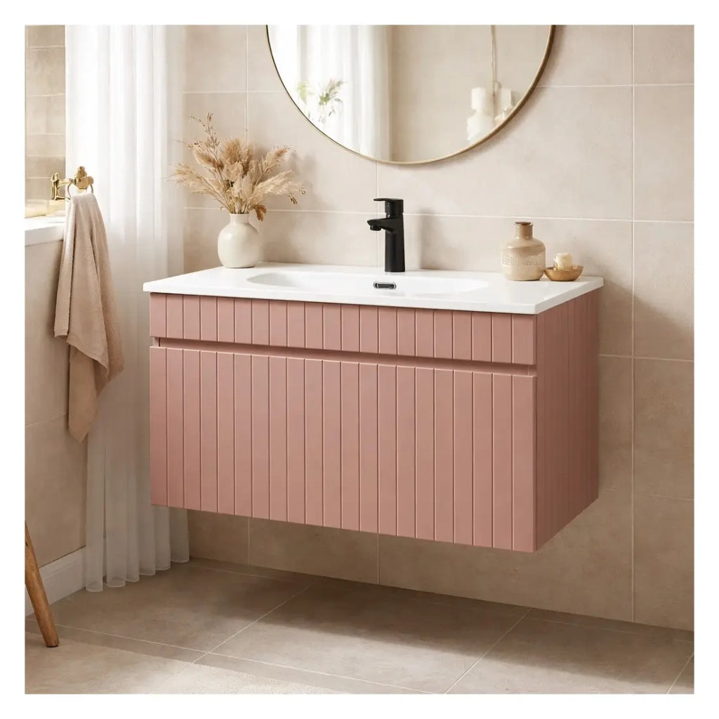 Set bagno ICON: mobile sottolavabo 80cm rosa cipria + lavabo da incasso bianco