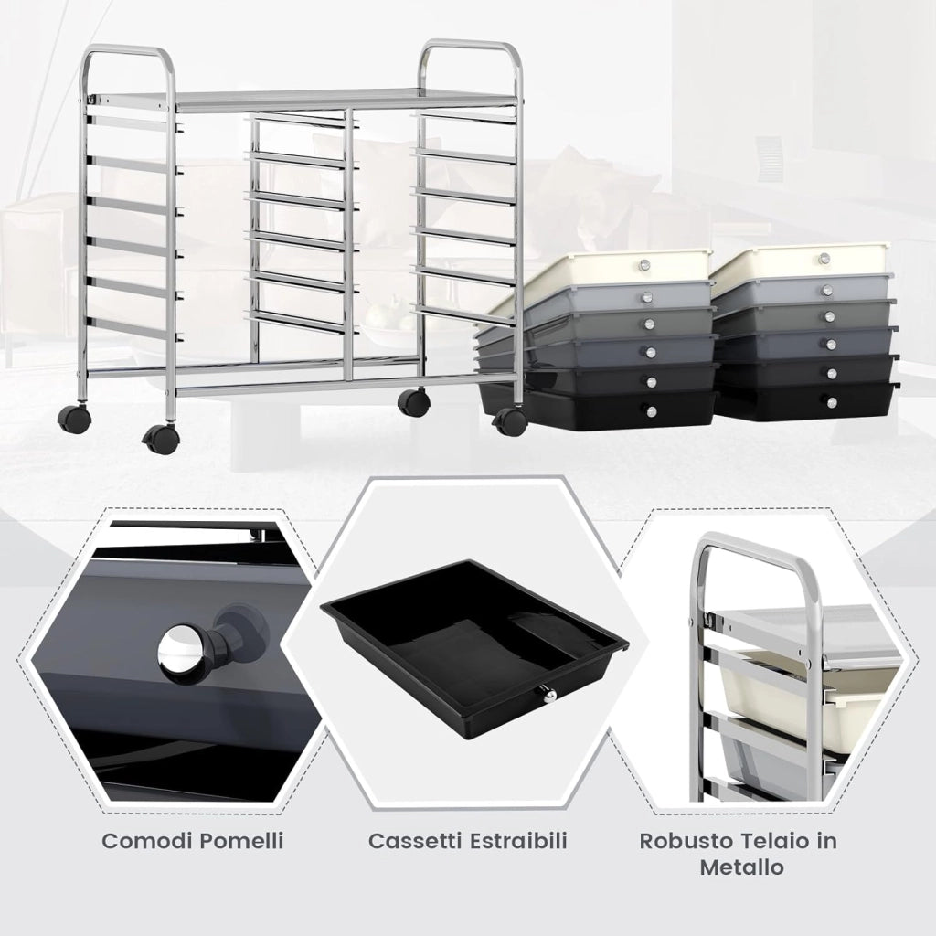 Carrello di Stoccaggio con 12 Cassetti, Carrello portaoggetti con 4 Ruote, Carrello Multiuso per Scuola Ufficio Cucina, 64 x 38 x 62 cm (12 cassetti Grigio sfumato)