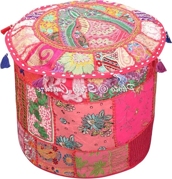 Cuscino Ottomano Tradizionale a Patchwork con Bordeau Etnico in Cotone - 45cm - 18x18x13 Pollici