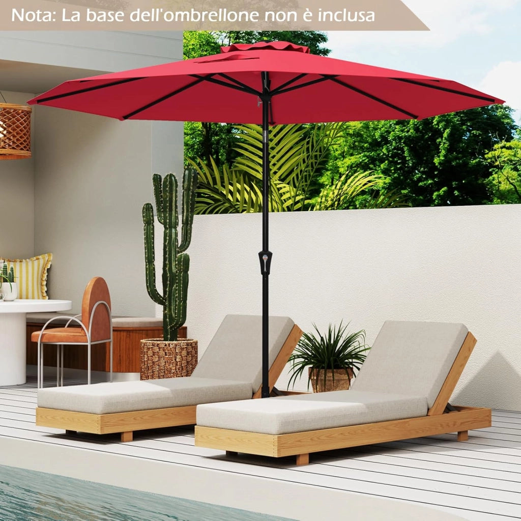 Ombrellone da Giardino, Diametro 290 cm, Ombrello da Spiaggia con Manovella e Inclinazione Regolabile, Ideale per Spiaggia, Balcone, Giardino (Rosso)