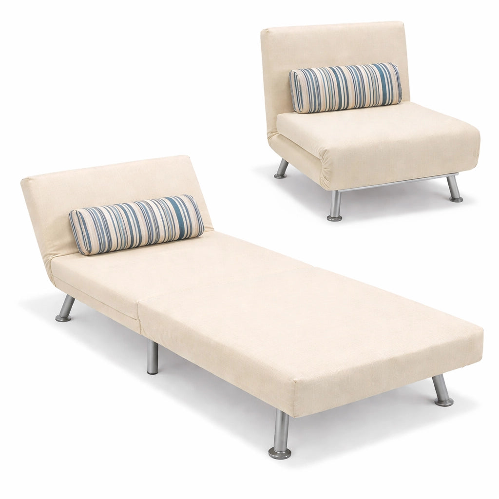 Poltrona Letto 1 Posto Schienale Reclinabile in Metallo e Tessuto 75x73x73 Salvaspazio Crema