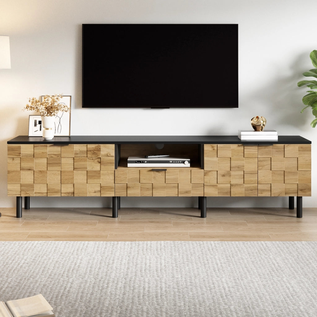 Mobile porta TV con 2 ante, 1 cassetto e vano aperto, design mosaico, in truciolato, naturale, 170 × 35 × 44,5 cm