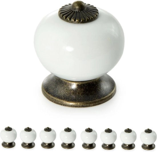 Set di maniglie in ceramica per mobili - Deurgrepen vintage - 8 pezzi - Bianco