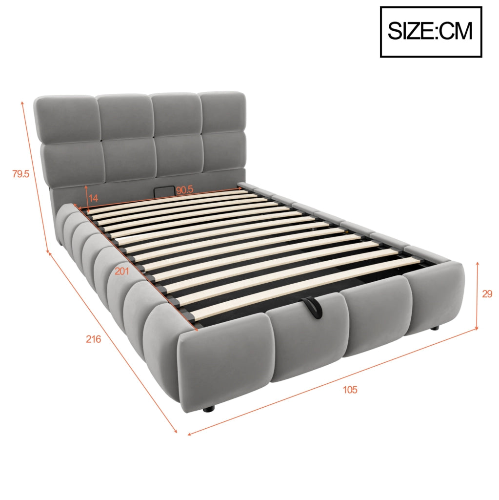 Letto imbottito 90x200 cm in velluto grigio con contenitore; LED e rete a doghe
