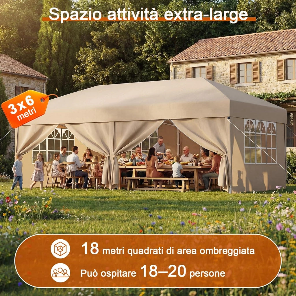 Gazebo 3x6 Pieghevole Impermeabile, Tenda Pop Up Pieghevole con 6 Pareti Rimovibili, Gazebo Pieghevole con 3 Altezze Regolabili Protezione UV 50+ per Giardino, Terrazza, Campeggio (Beige)