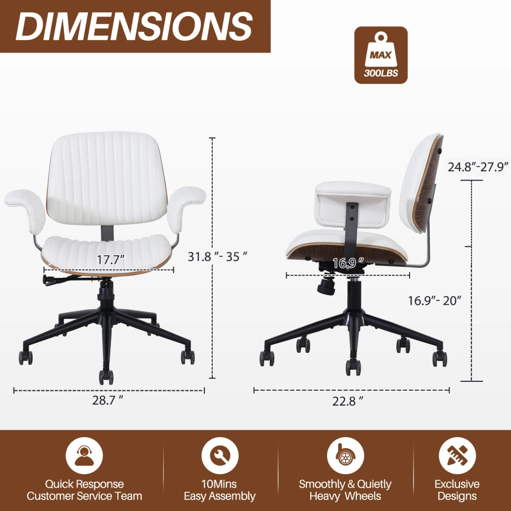 Sedia da ufficio girevole in pelle PU beige con braccioli imbottiti e rotelle