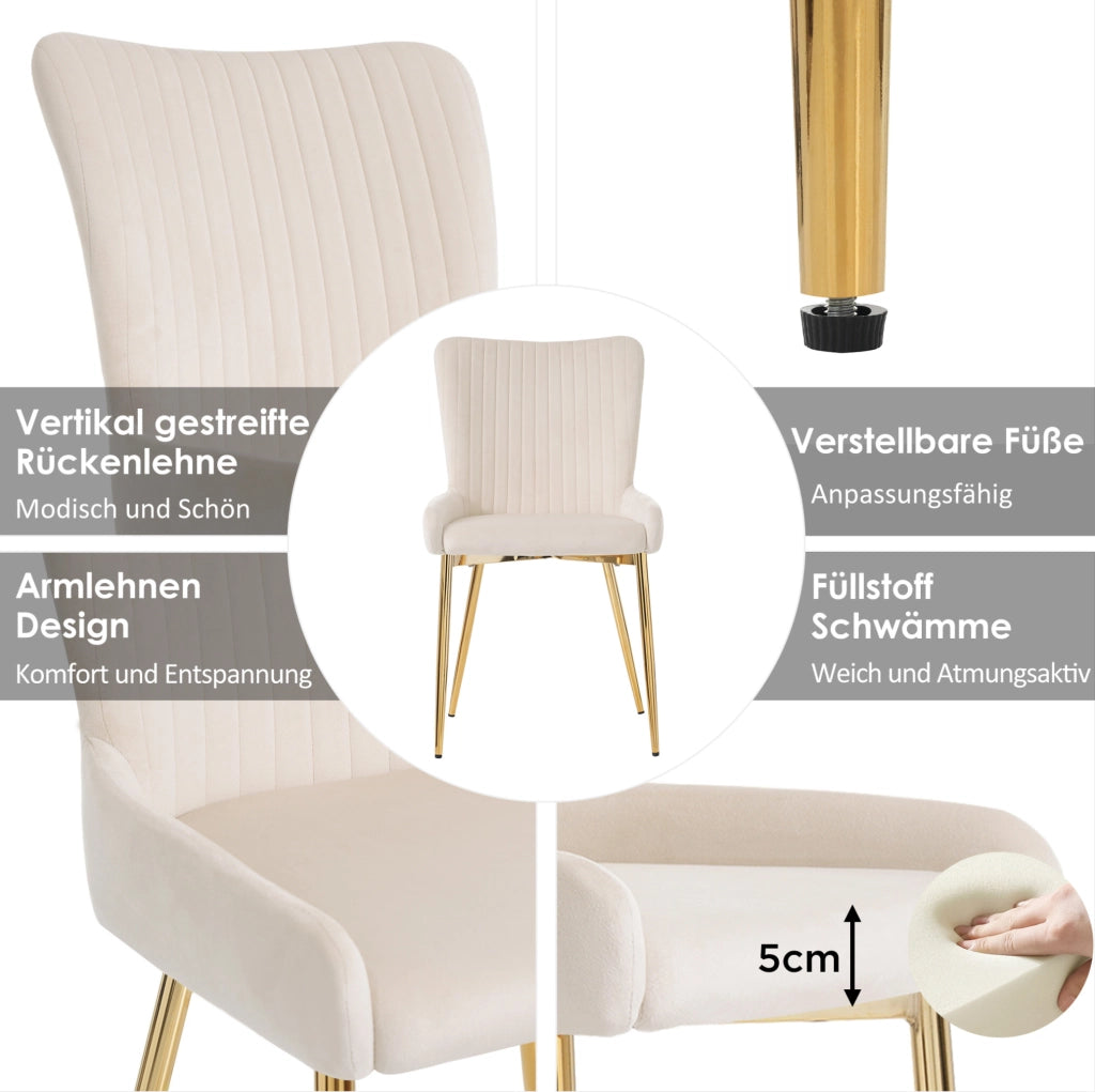 Set di 2 sedie da pranzo in velluto beige con gambe in metallo dorato