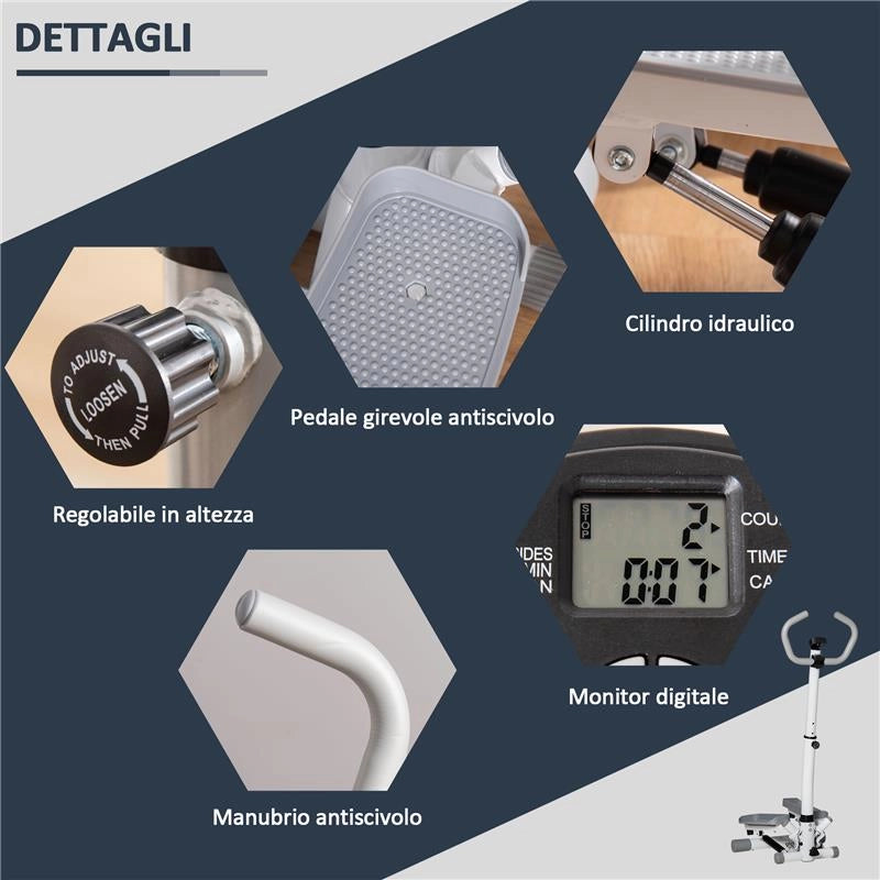 STEPPER CON MONITOR LCD, MANUBRIO REGOLABILE ED ELASTICI, IN ACCIAIO E ABS, BIANCO E GRIGIO