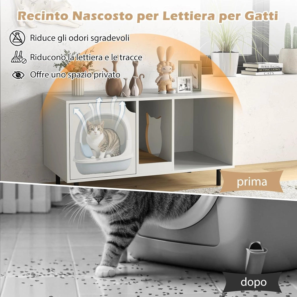 Lettiera Nascosto, Mobile Laterale in Legno con Ingresso a Forma di Testa di Gatto, Pannello Grattugia Rimovibile e Gambe in Metallo, Tavolino per Animali Domestici, Bianco, Portata di 120 kg
