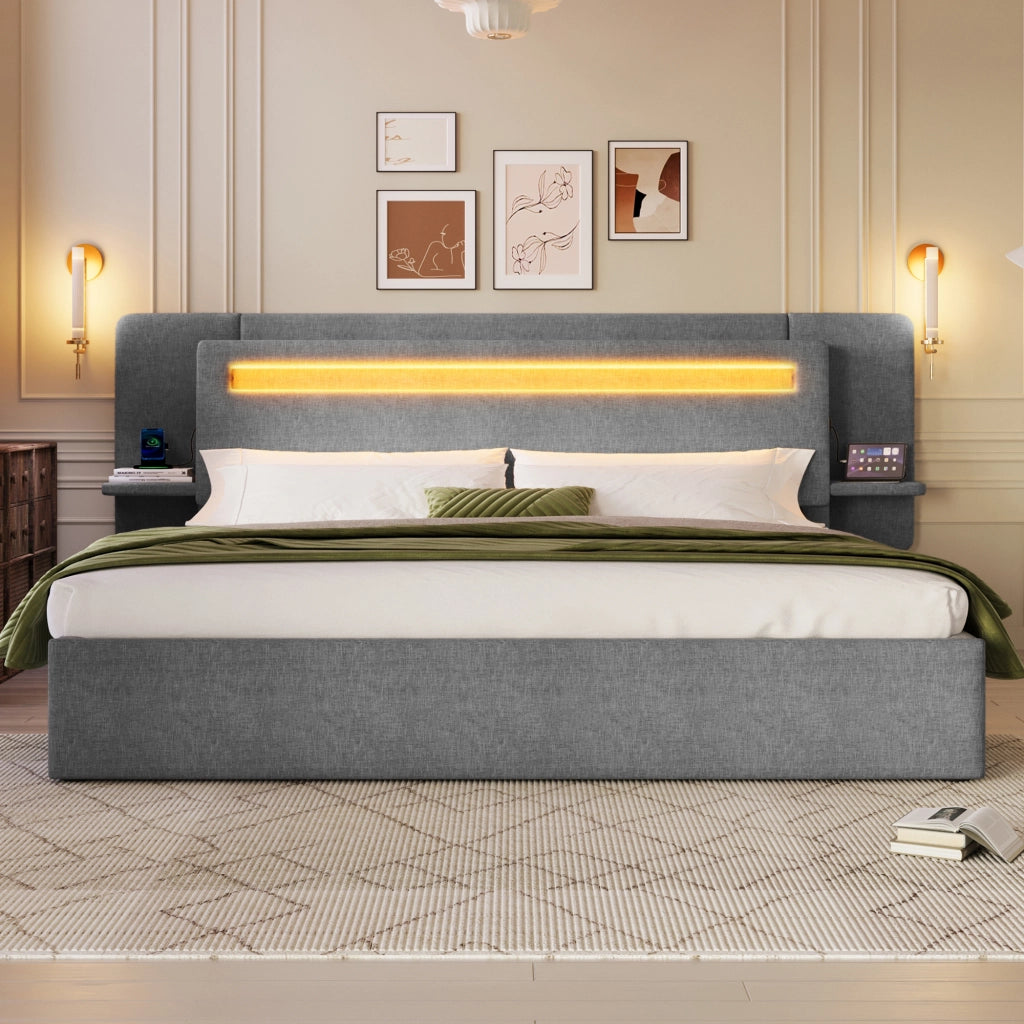 Letto imbottito 180x200 cm con contenitore ad alzata idraulica; LED multicolore e USB; grigio