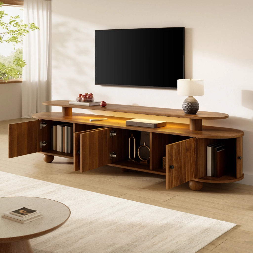 Mobile porta TV ovale con 4 ante centrali e 2 ante scorrevoli laterali con LED per soggiorno in MDF noce 180 × 40 × 48 cm