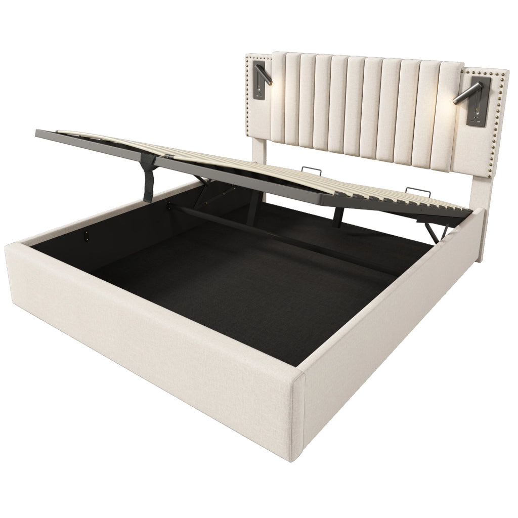 Letto matrimoniale contenitore 180x200 cm beige con luce da lettura; USB e Type-C