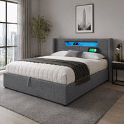 Letto matrimoniale 140x200 cm in tessuto lino grigio con LED; USB e contenitore