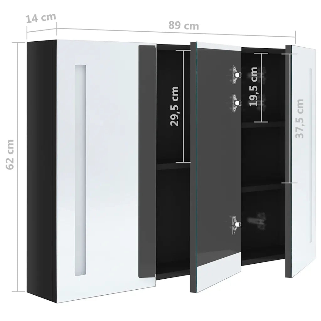 Armadietto Bagno | Armadio da bagno con Specchio e LED Nero Lucido 89x14x62 cm