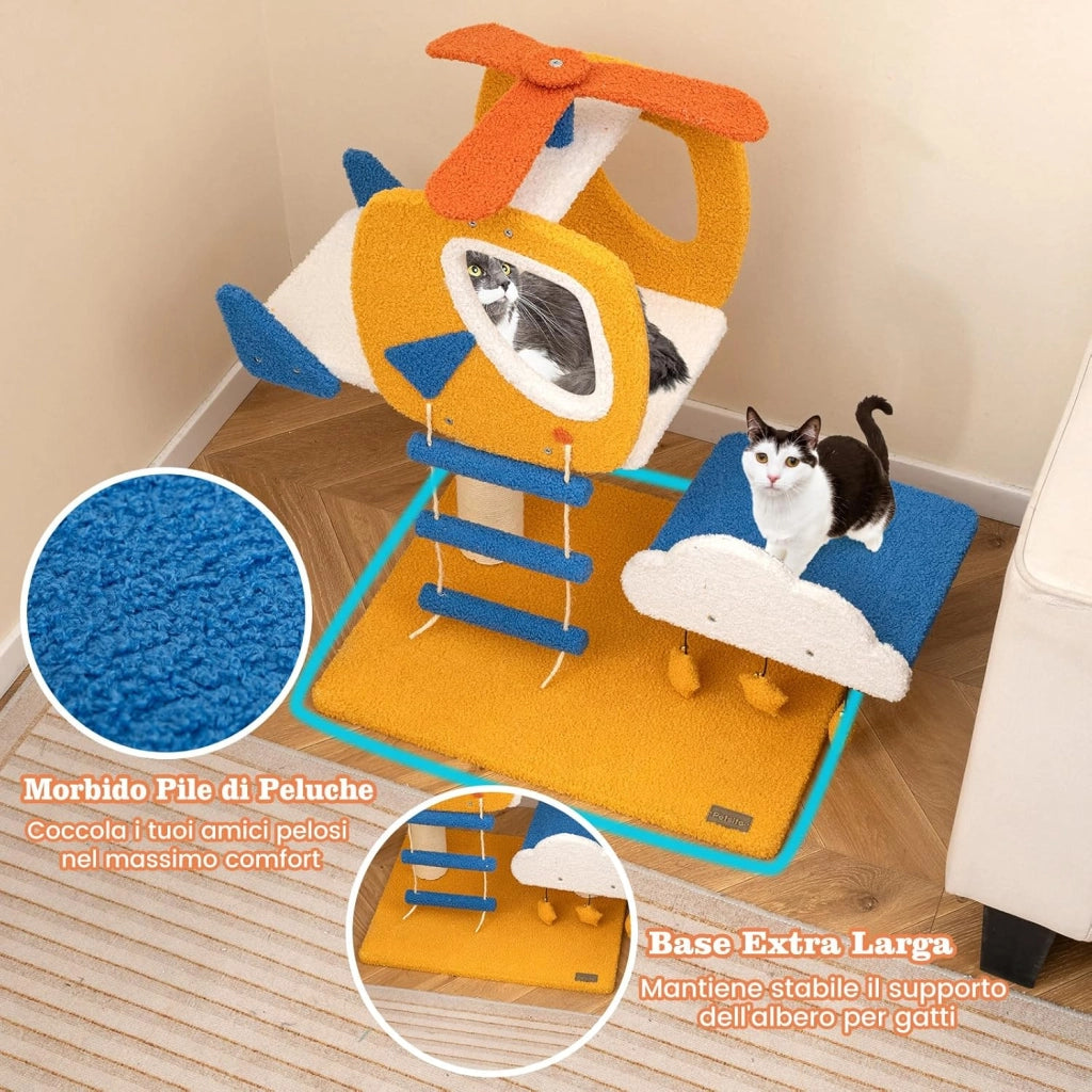 Tiragraffi per Gatti a Tema Aviatorio, Albero per Gatti con Posatoio a Forma di Elicottero, Palo, Piattaforma, Scala e 3 Giocattoli Sospesi, Torre per Animali Domestici Interno