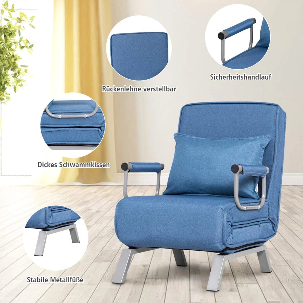 2 in 1 Poltrona Letto Pieghevole, Schienale Regolabile a 5 Livelli, con Braccioli e Cuscinetto, Chaise Longue Soggiorno, Telaio in Metallo, Carico di 150 kg, 59x78,5x83 cm, 5 Colori