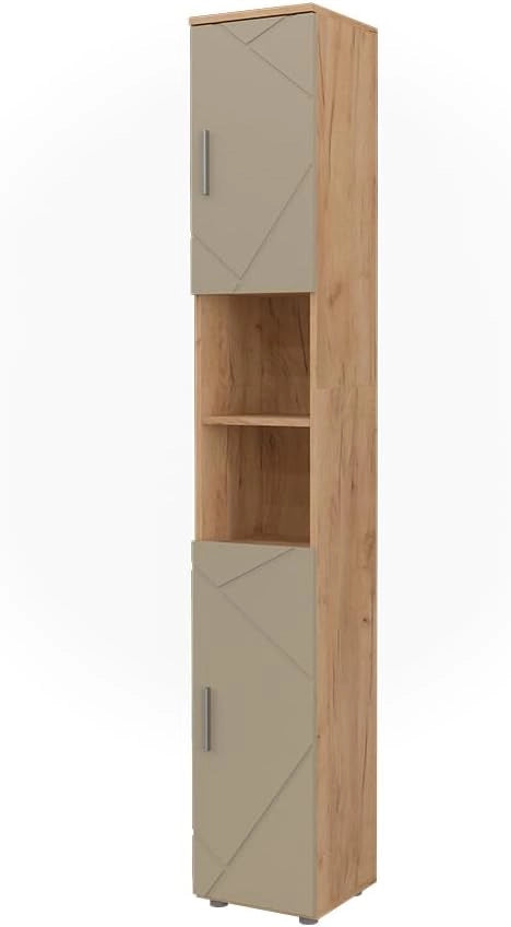 Mobile alto Irma, Antracite/Artisan, 30 x 190 cm con 2 porte, adatto per la conservazione di articoli da bagno e asciugamani