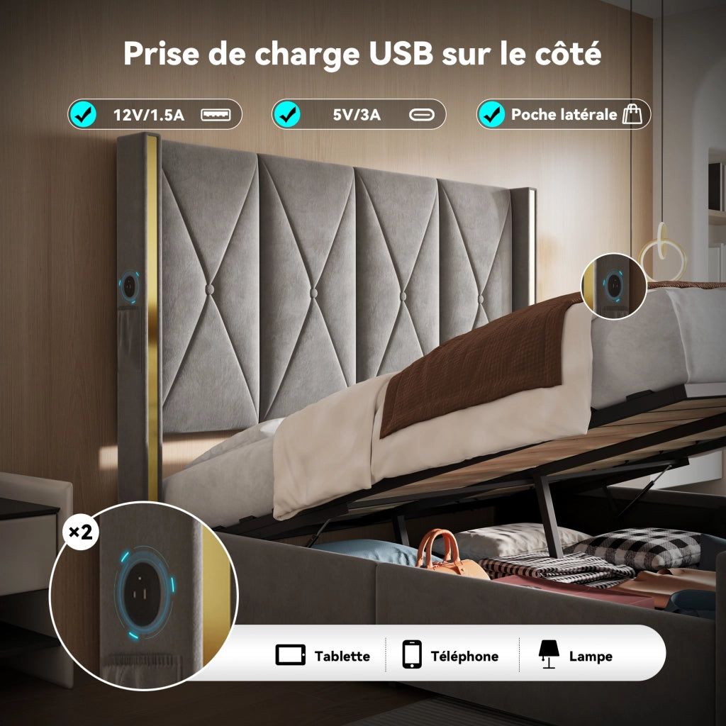 Letto Contenitore 160x200 cm; Matrimoniale; USB; Type-C; LED; Tasche; Velluto; Grigio Scuro