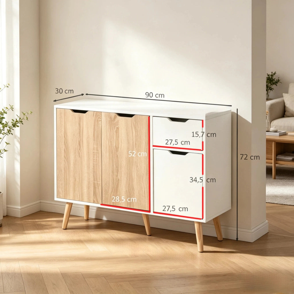 Credenza di design scandinavo, credenza con cassetti e ante, mobile da ingresso, cassettiera