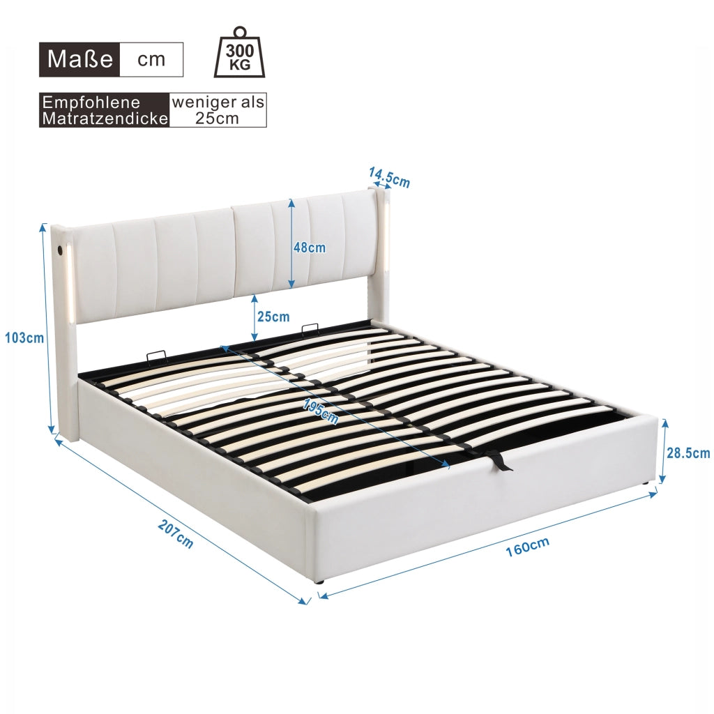 Letto Matrimoniale 160x200 cm con USB; LED e contenitore in PU Bianco