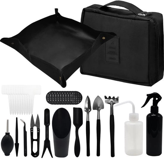 Set di attrezzi per giardinaggio, 17 pezzi di attrezzi per piante mini con tappeto da giardino pieghevole, tappeto per piante, attrezzo per piante grasso, set di attrezzi per bonsai con borsa di stoccaggio per uso interno ed esterno