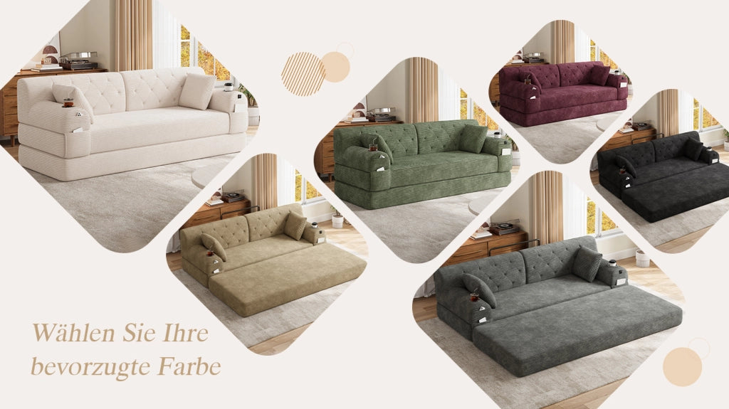 Divano letto a 3 posti in velluto a coste con schienale alto, 4 tasche e 2 portabicchieri, senza montaggio, beige