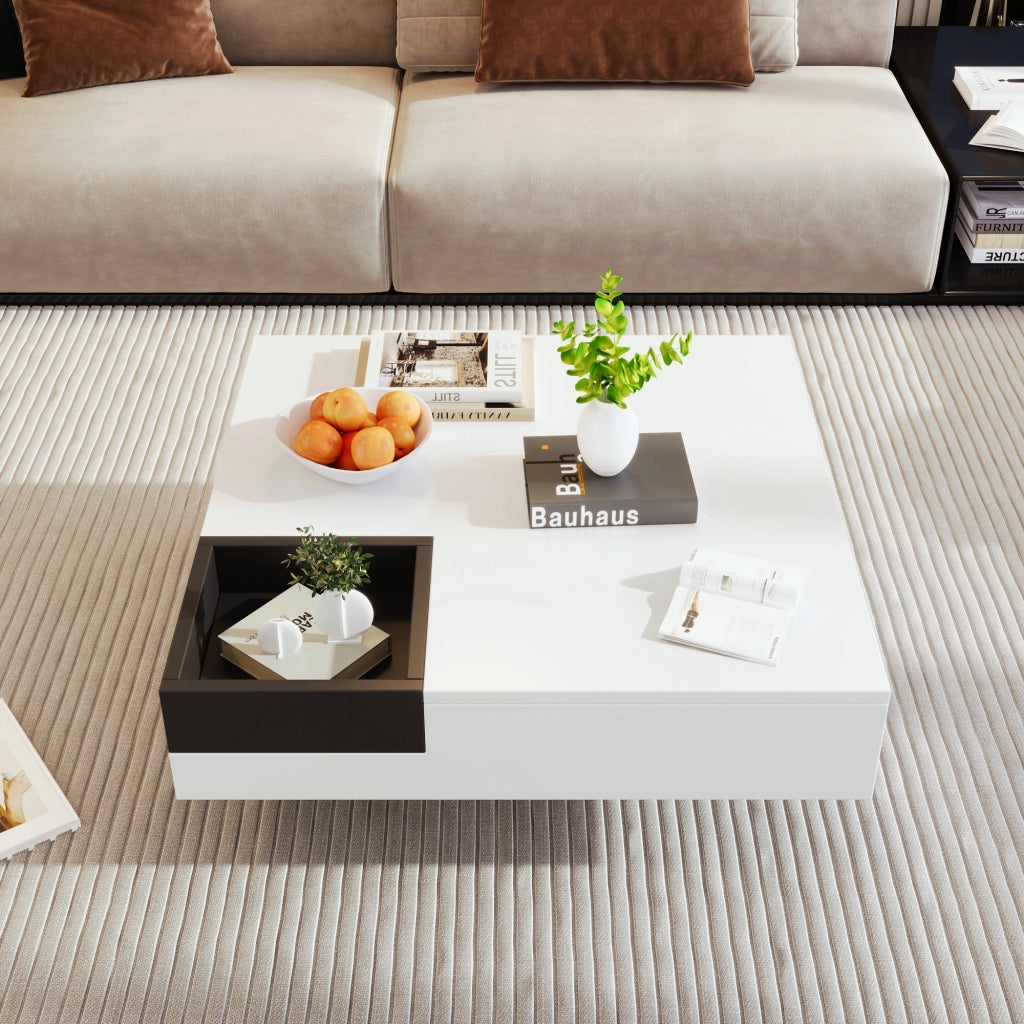 Tavolino da Salotto Quadrato con Box Contenitore Rimovibile e LED; Bianco e Nero; Lucido; in Pannello di Particelle; 72¡Á72¡Á30 cm