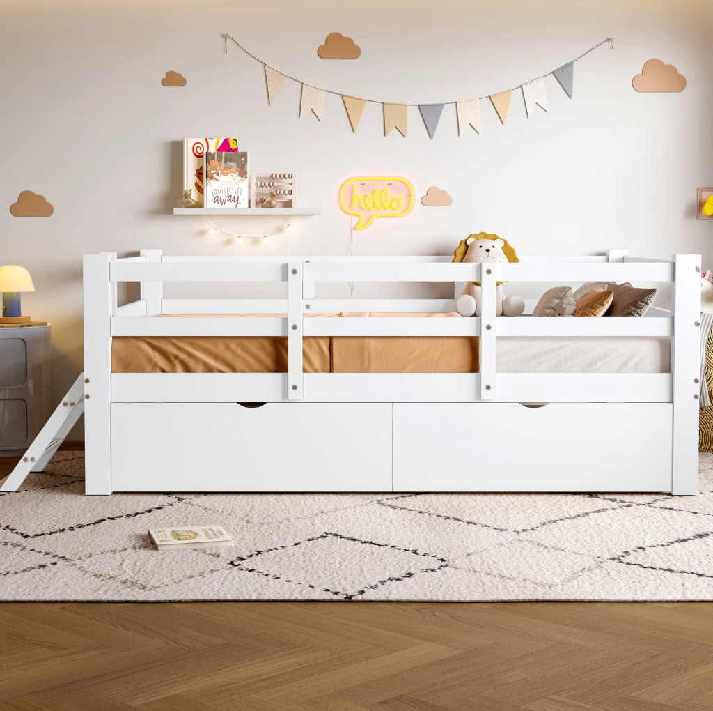 Letto a piattaforma ULEVR 90x200 cm con protezione laterale e 2 cassetti, bianco