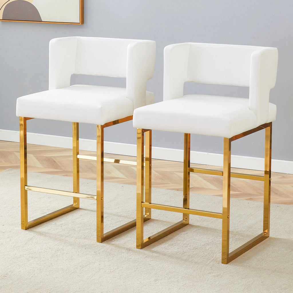 Sgabello da bar set da 2 con seduta imbottita quadrata e gambe in metallo dorato, in PU bianco 91,4 cm
