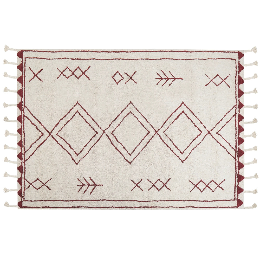 Tappeto cotone bianco sporco e rosso scuro 140 x 200 cm moderno orientale tribale nappe motivo geometrico