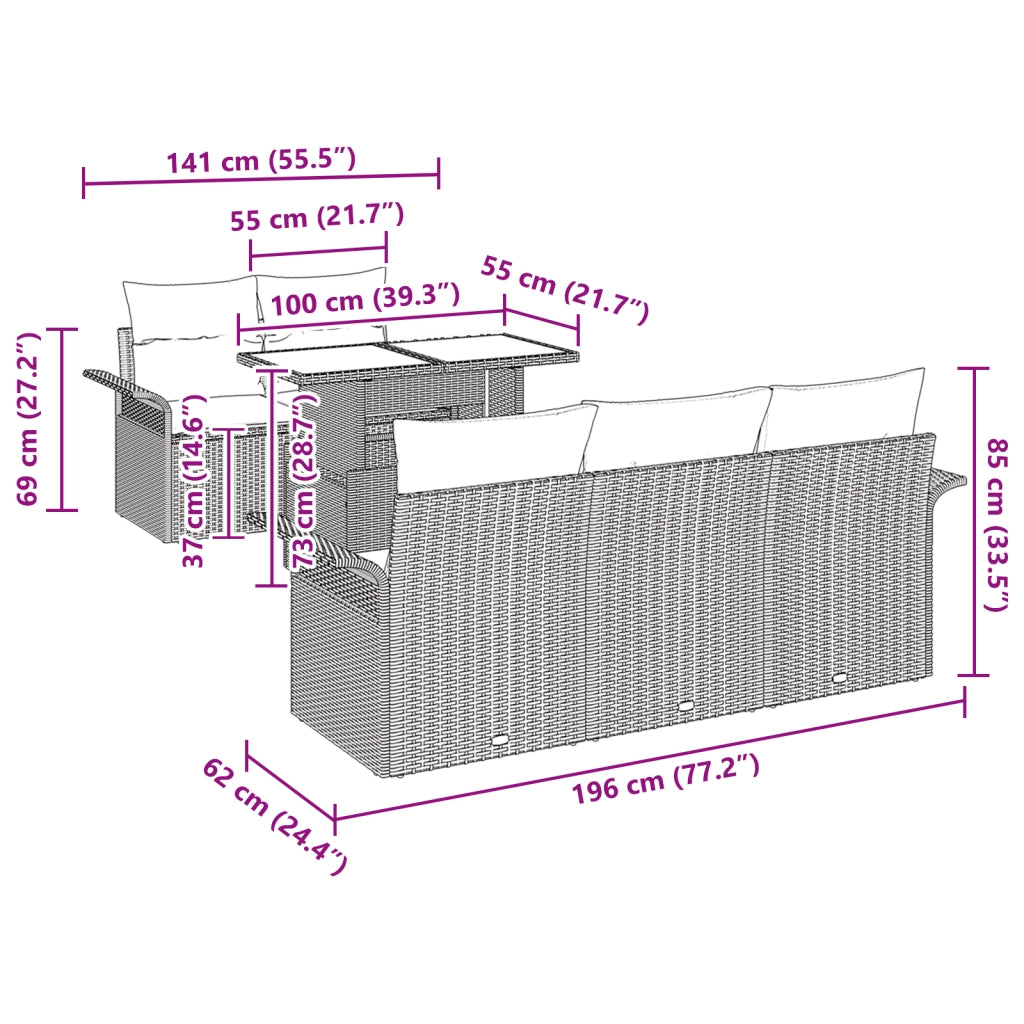 Set Divano da Giardino di 6 Pezzi con Cuscini Marrone in Polyrattan