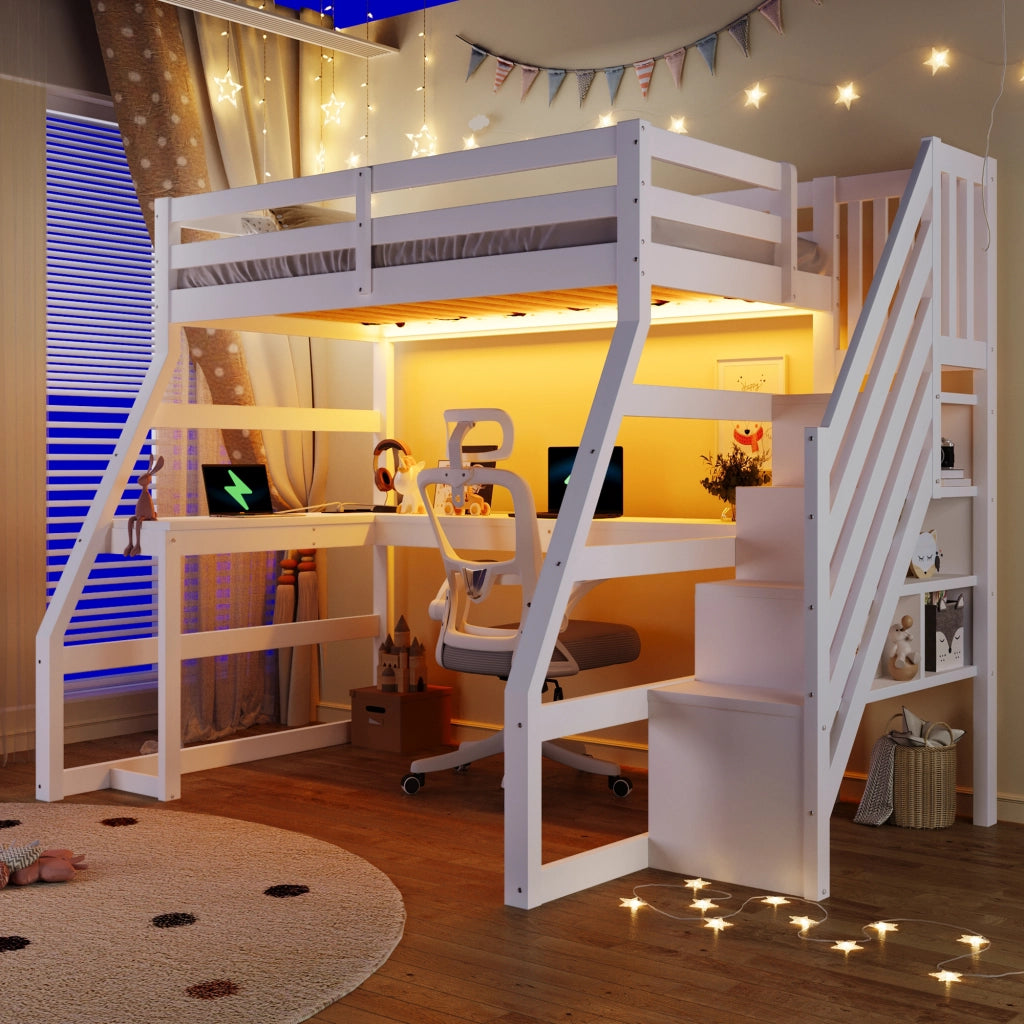 LETTO A CASTELLO 90x200 cm con scrivania, LED e scala con contenitore, bianco