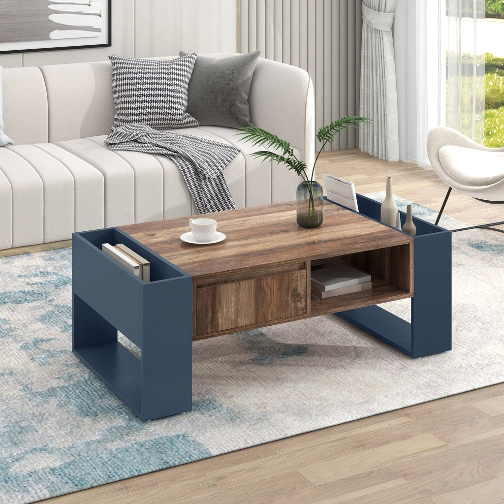 Tavolino da salotto 111x40x60 cm; ampi vani portaoggetti; truciolato; legno e nero