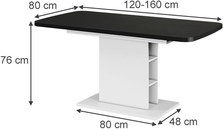 tavolo da pranzo allungabile Fenaro, Nero/bianco, 120 x 80 cm con scomparti aperti, estendibile per l'adattamento a diverse dimensioni del tavolo