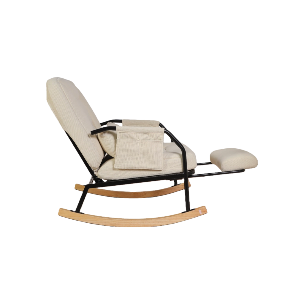 POLTRONA OSCILLANTE con schienale regolabile e poggiapiedi, Beige, velluto a coste