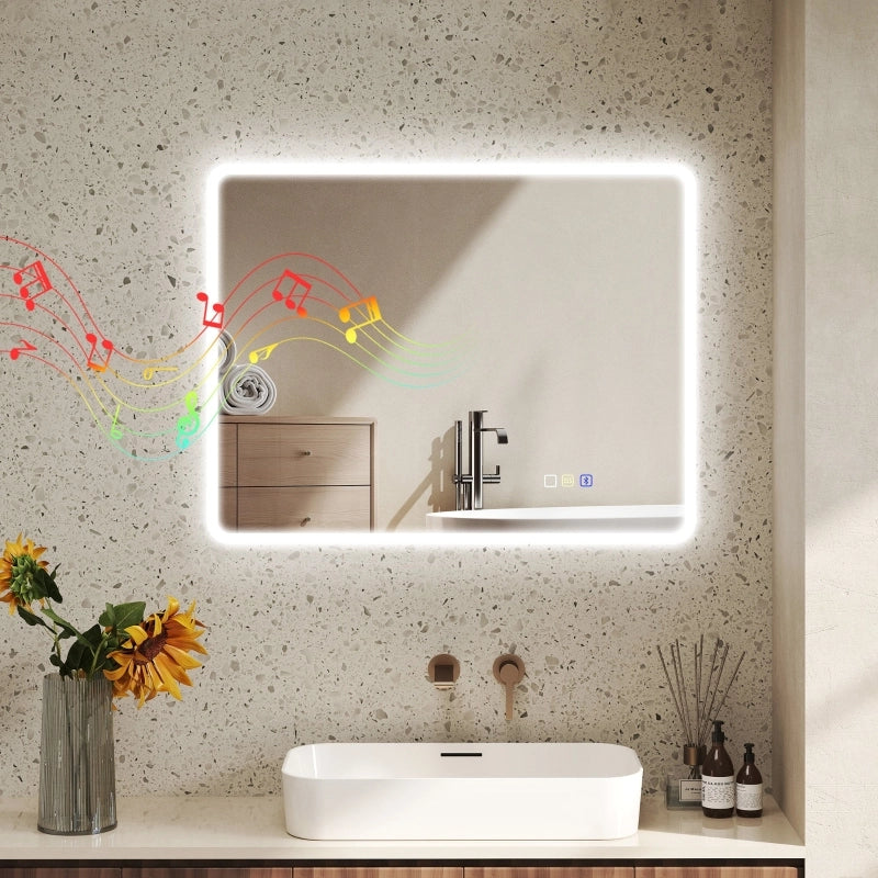 Specchio da bagno a LED Bluetooth 70 x 90 cm Interruttore touch Luce regolabile in 3 colori Antiappannamento Memoria Argento