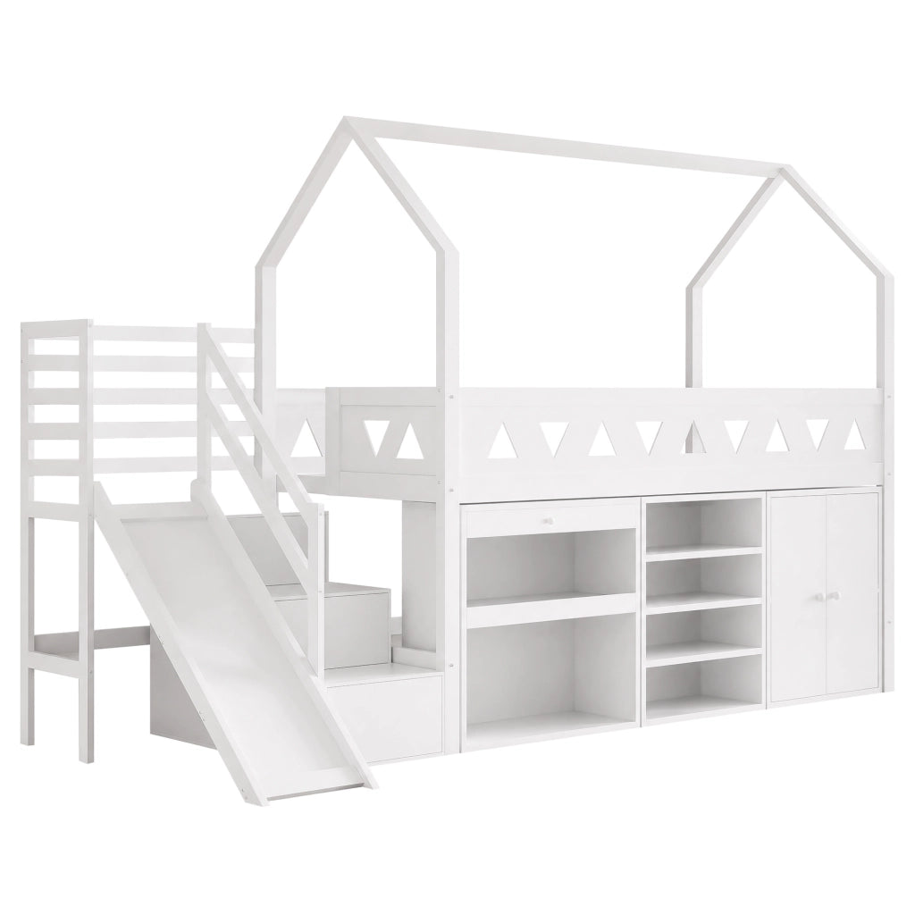 Letto per bambini multifunzionale con scivolo, scale e contenitori 90x200 cm