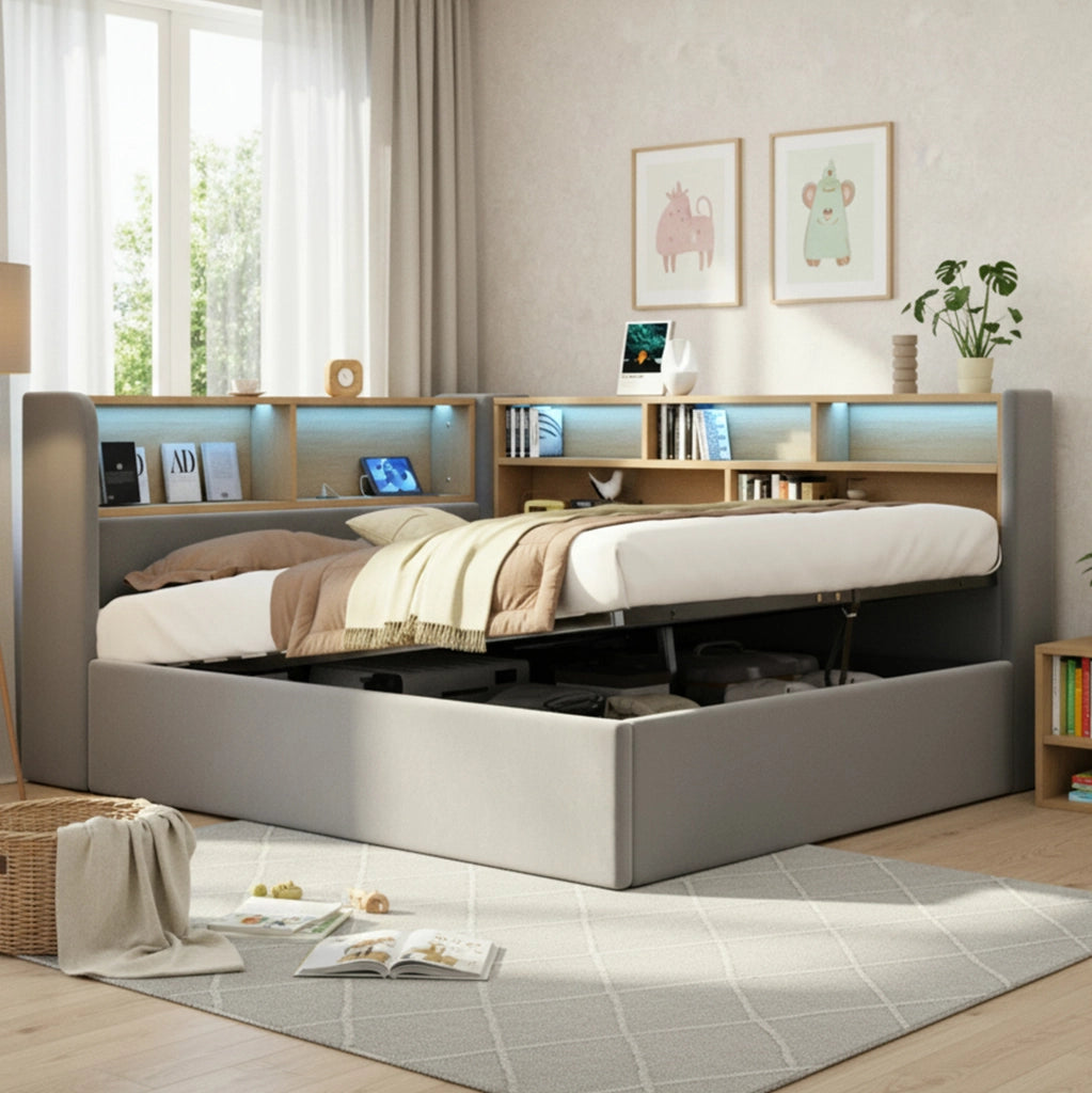 Letto imbottito 140x200 cm con contenitore idraulico; LED; USB e Type-C in velluto grigio