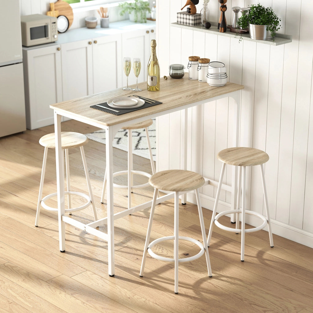 Set Tavolo da Bar e 4 Sgabelli Stile Industriale ¨C zephmum ¨C Bianco e Legno Naturale