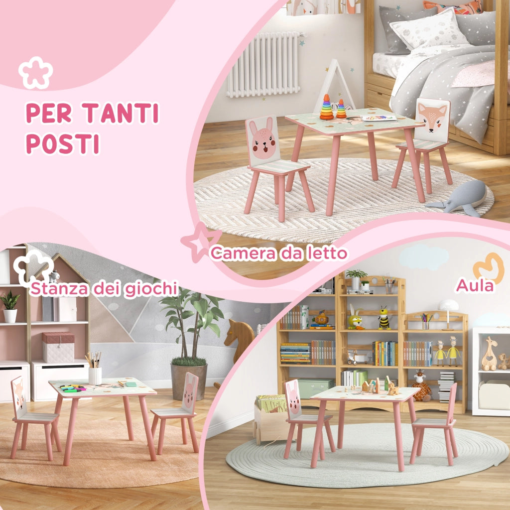 EasyComfort Set Tavolo e Sedie 3 Pezzi per Bambini 3-8 Anni in MDF e Legno di Pino con Disegni di Animali, Rosa