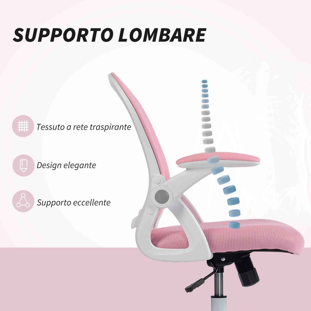 Sedia da Ufficio Ergonomica e Regolabile con Schienale a Rete e Seduta Imbottita, 65.5x61.5x88-97.5 cm, Rosa