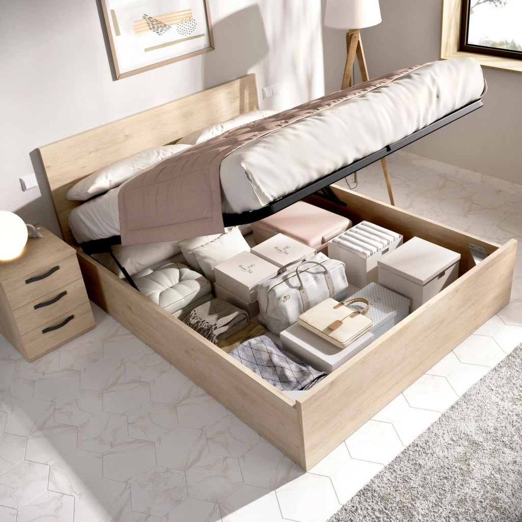 Letto matrimoniale Barolo, Sommier giroletto rete inclusa, Struttura letto contenitore per materasso di 150x190 cm, 197x158h95 cm, Rovere