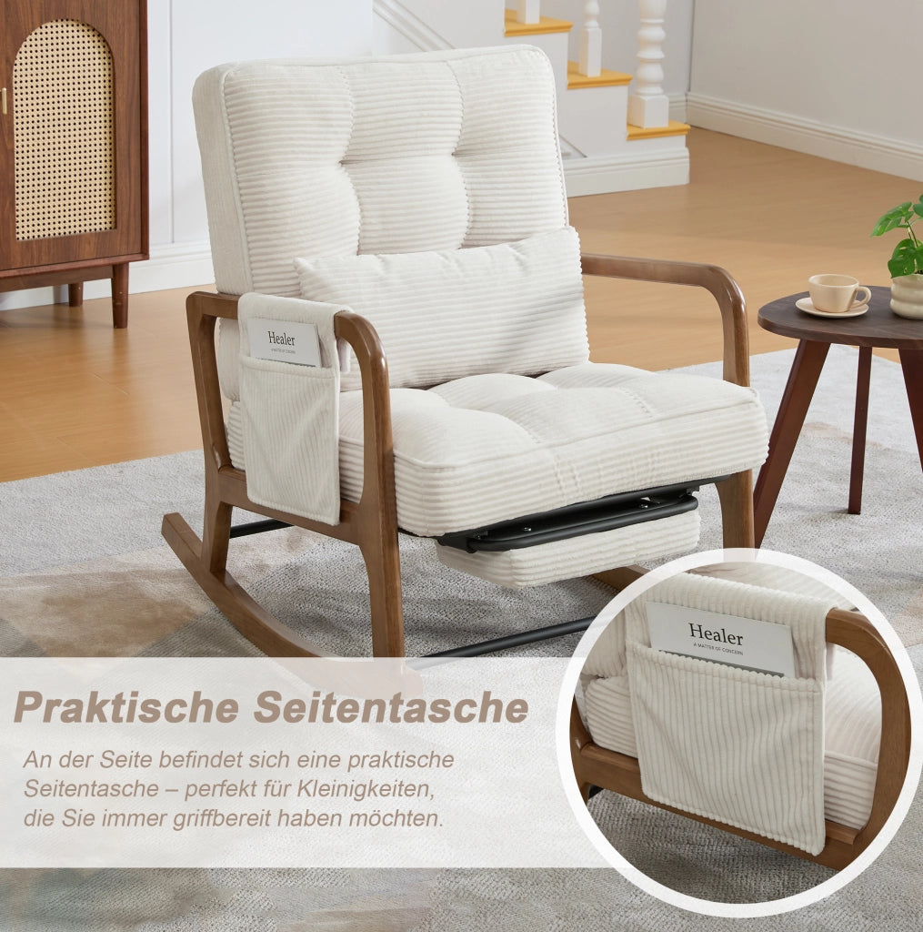 Sedia a dondolo con poggiapiedi in corduroy beige; schienale reclinabile a 3 posizioni; 70x80x92 cm