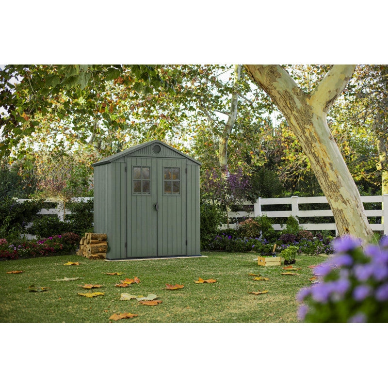 Casetta da giardino in resina EVOTECH+ effetto legno 190x122x221 cm - con pavimento rialzato e doppia porta - Verde – Keter