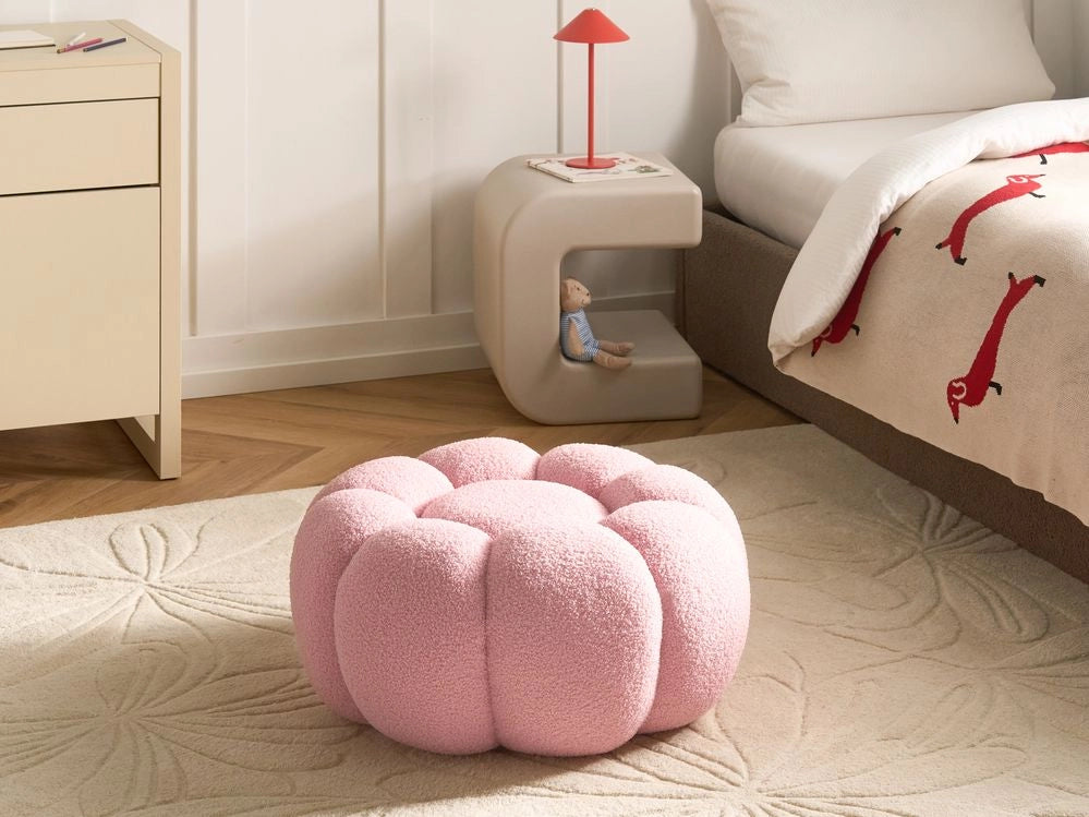 Pouf poggiapiedi moderno rotondo grande in tessuto boucle rosa Soggiorno moderno Camera da letto