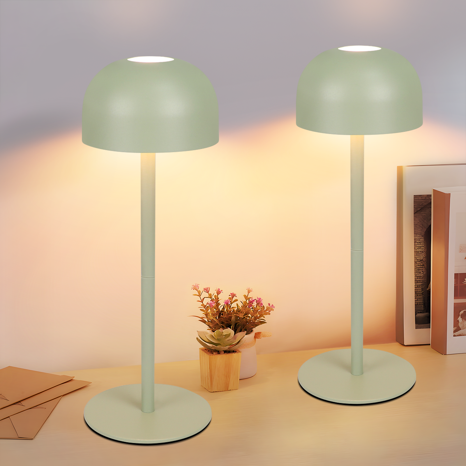 ZMH Lampada da tavolo LED set 2 pezzi verde wireless dimmerabile 3 temperature per camera letto soggiorno