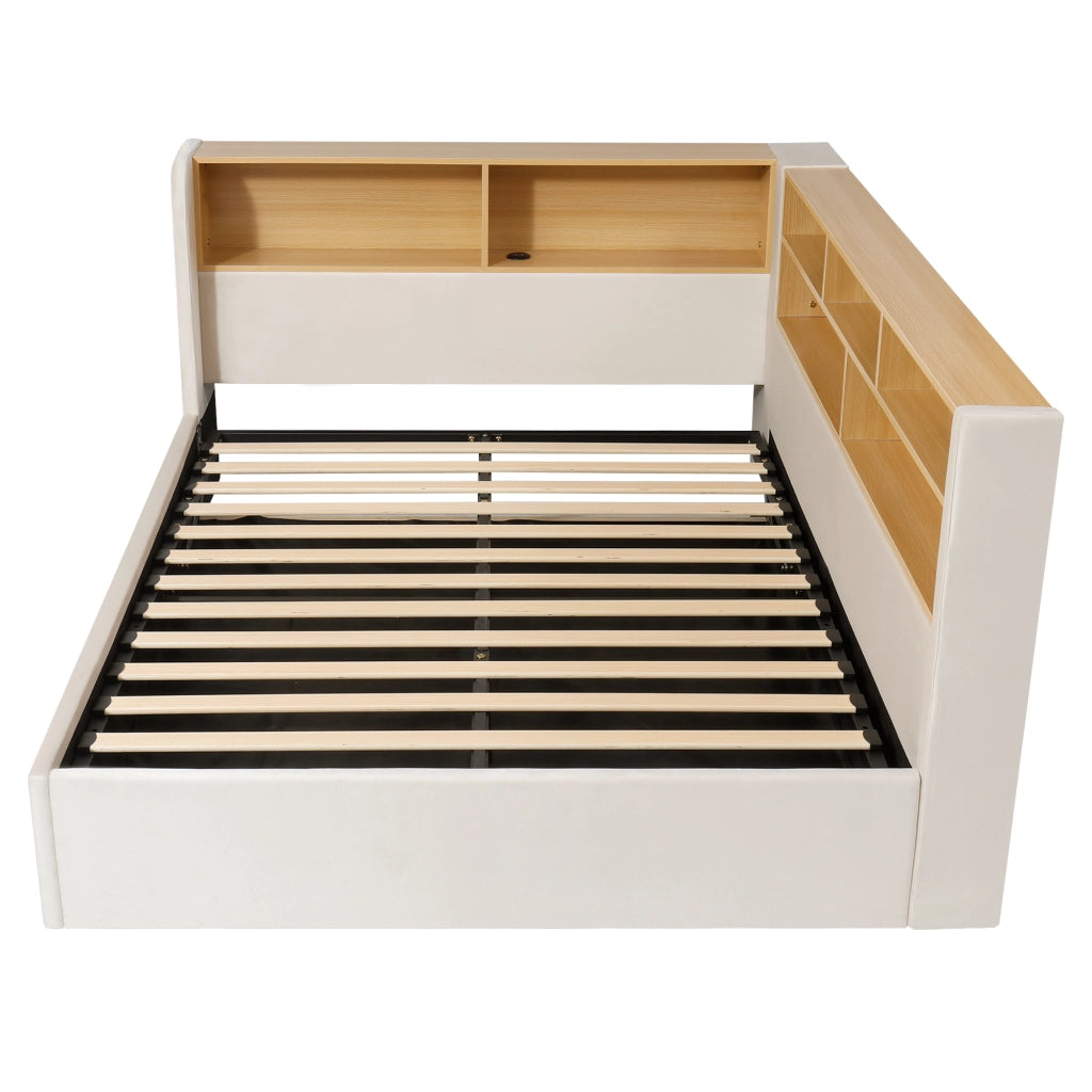 Letto contenitore 140x200 cm con sollevamento idraulico; LED; prese USB e rivestimento in velluto beige