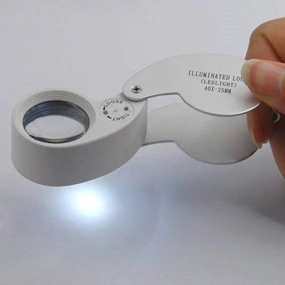 Trade Shop - Lente Ingrandimento Illuminata 40x-25mm A Led Da Tasca Precisione Pieghevole Metallo -